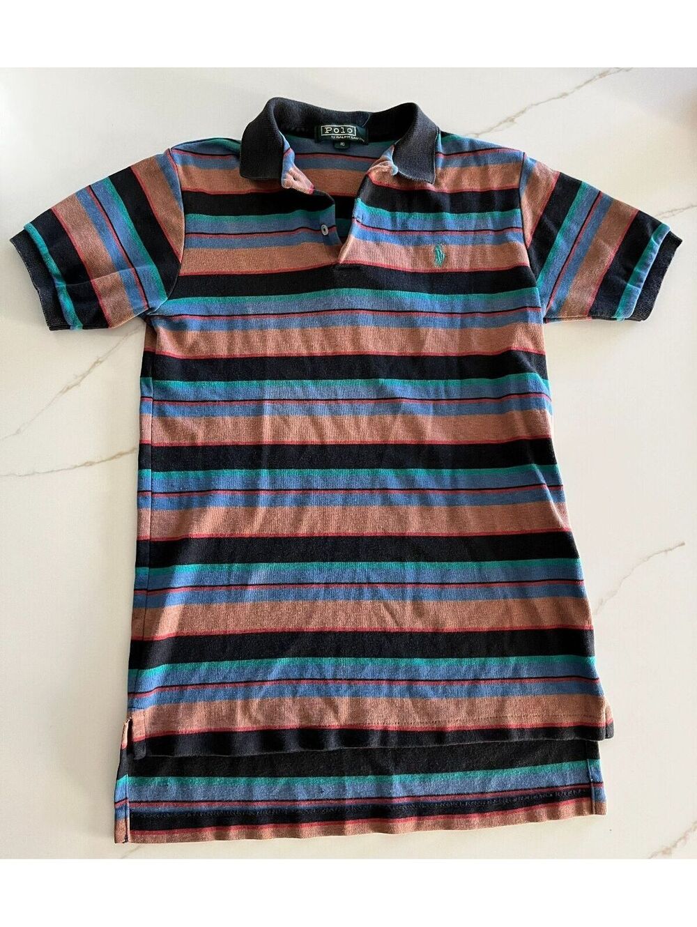 Vintage 90's Polo by Ralph Lauren Boy's Multi Stripe Black, Tan, Teal Polo Sz 16